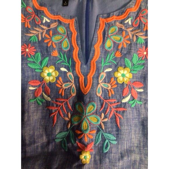 Talbots Embroidered Floral Linen Shift Dress Women 8 Blue Boho Retro Cottagecore - Picture 3 of 10